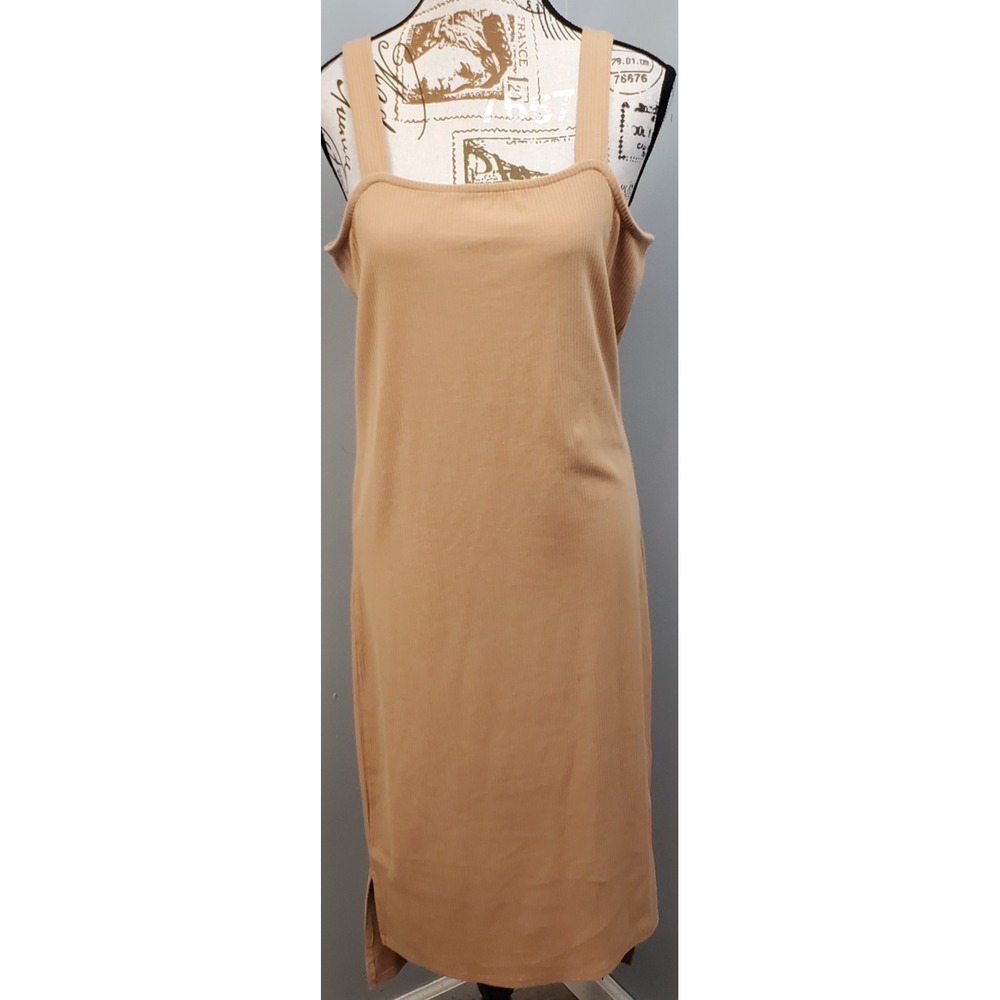 The Drop Amelia Ribbed Shift Dress Womens L Brown Stretch Sleeveless Square Neck